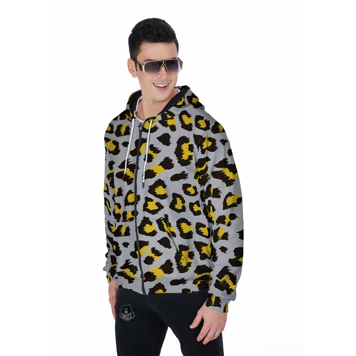 Grey Leopard Men's Zip Up Hoodie-grizzshop