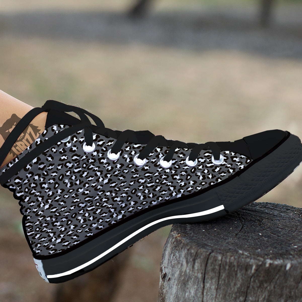 Grey Leopard Print Pattern Black High Top Shoes-grizzshop