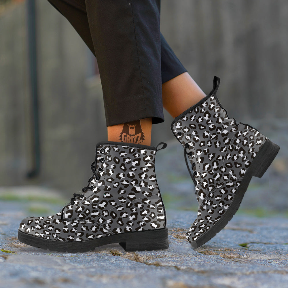 Grey Leopard Print Pattern Leather Boots-grizzshop