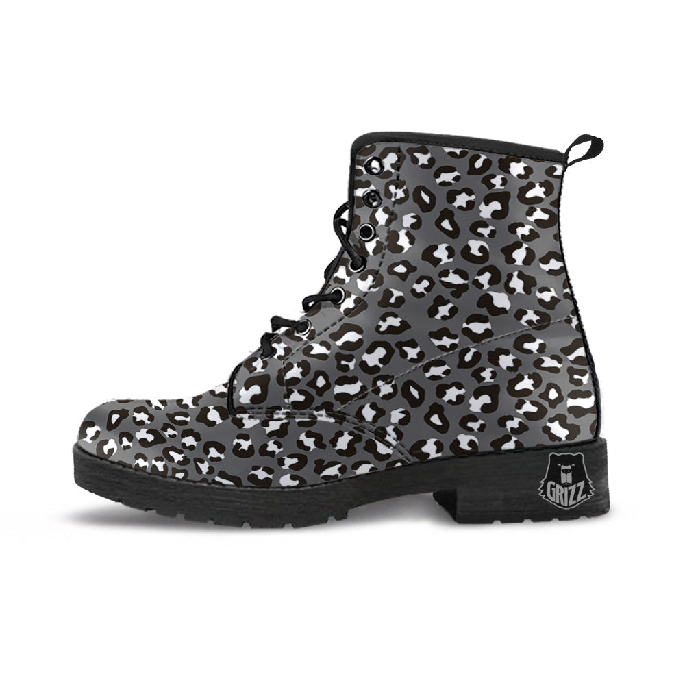 Grey Leopard Print Pattern Leather Boots-grizzshop