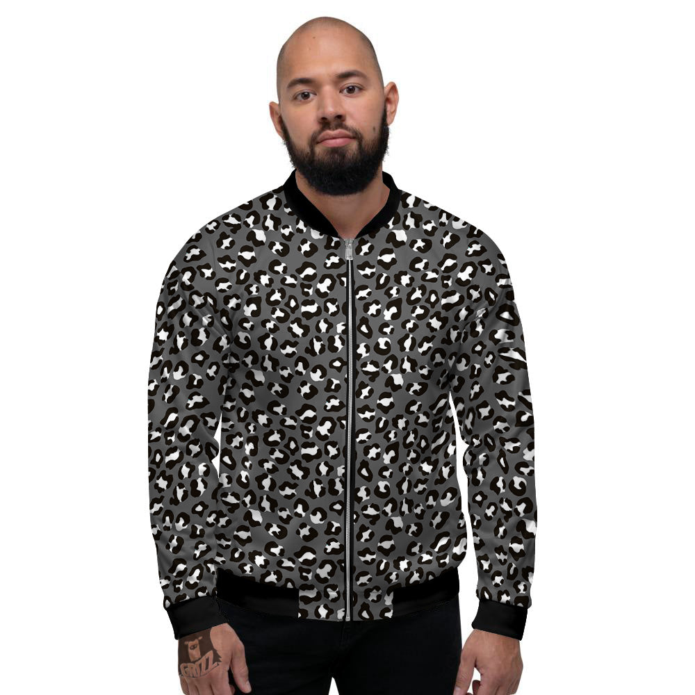 Grey Leopard Print Pattern Men's Bomber Jacket-grizzshop