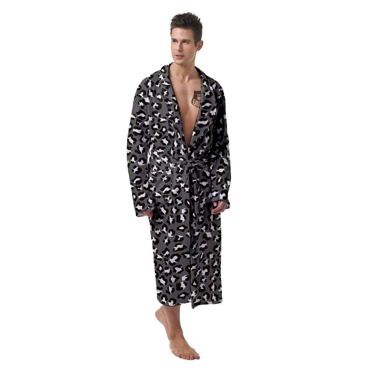 Grey Leopard Print Pattern Men's Robe-grizzshop