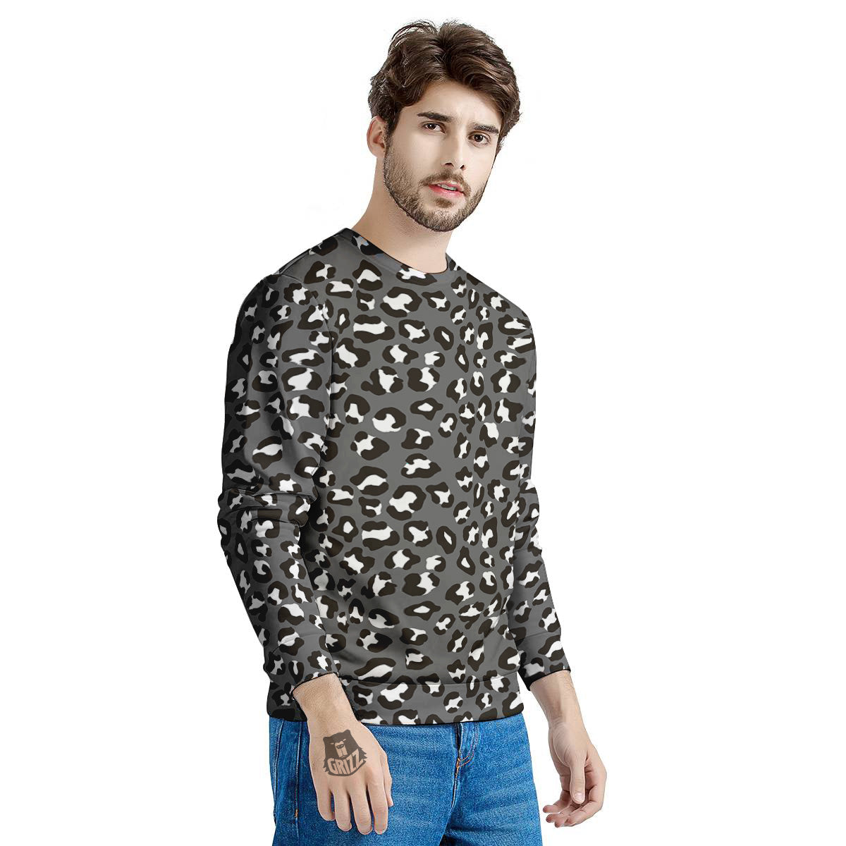 Grey Leopard Print Pattern Men's Sweatshirt-grizzshop