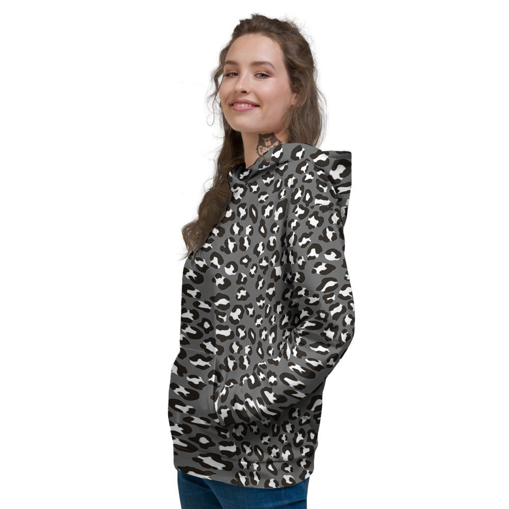 Grey Leopard Print Pattern Women's Hoodie-grizzshop