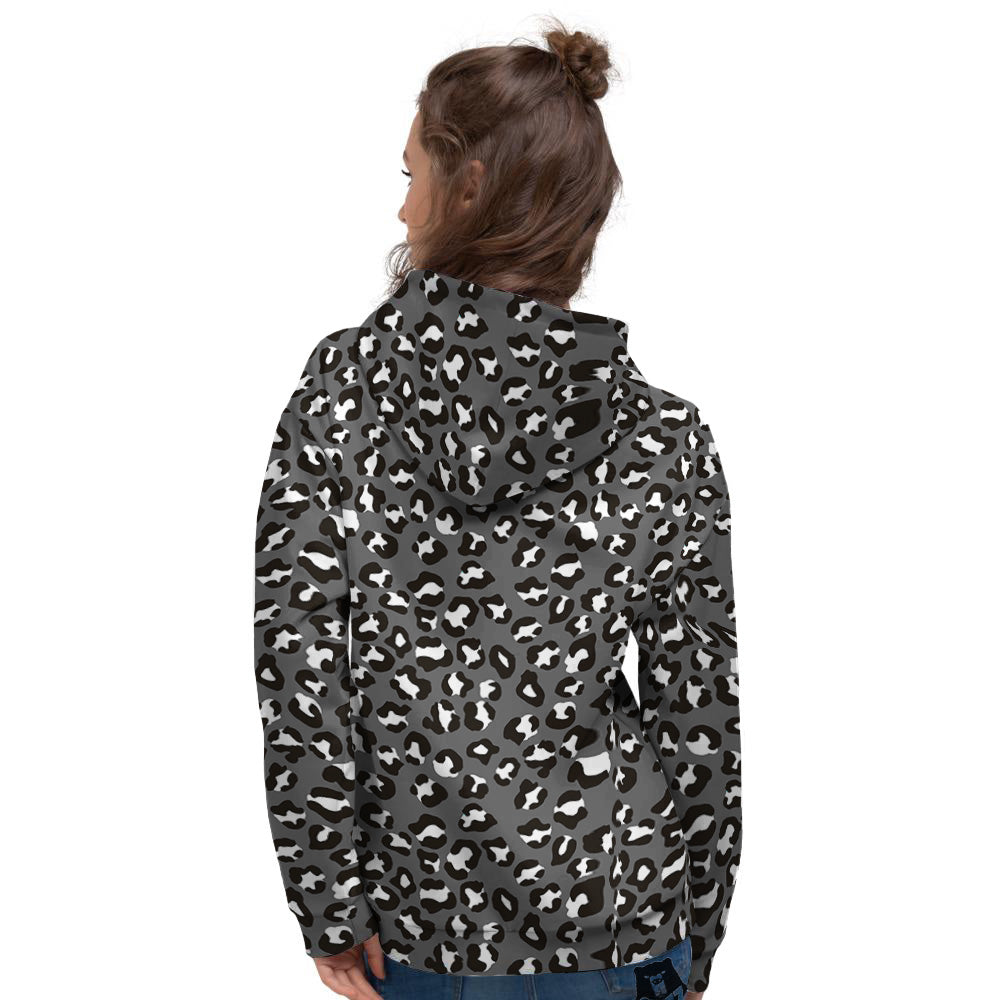 Grey Leopard Print Pattern Women's Hoodie-grizzshop