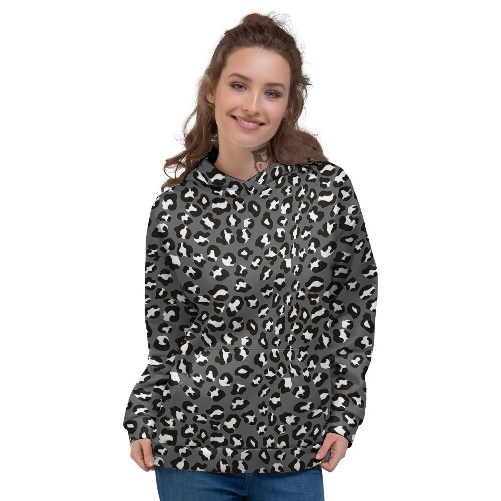 Grey Leopard Print Pattern Women's Hoodie-grizzshop