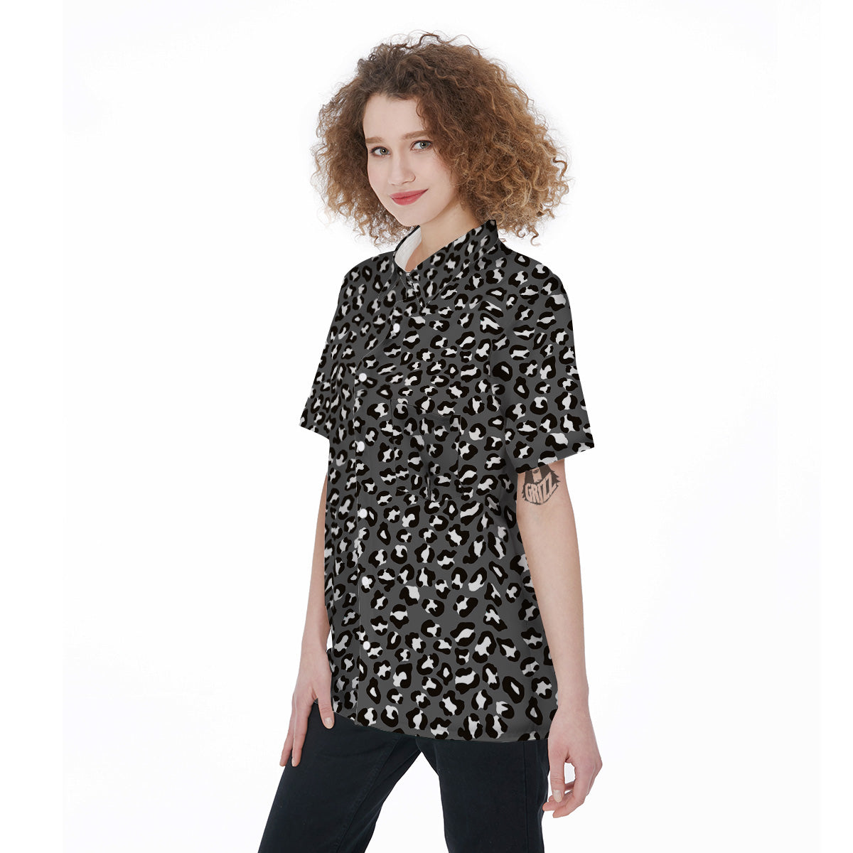 Grey Leopard Print Pattern Women's Short Sleeve Shirts-grizzshop