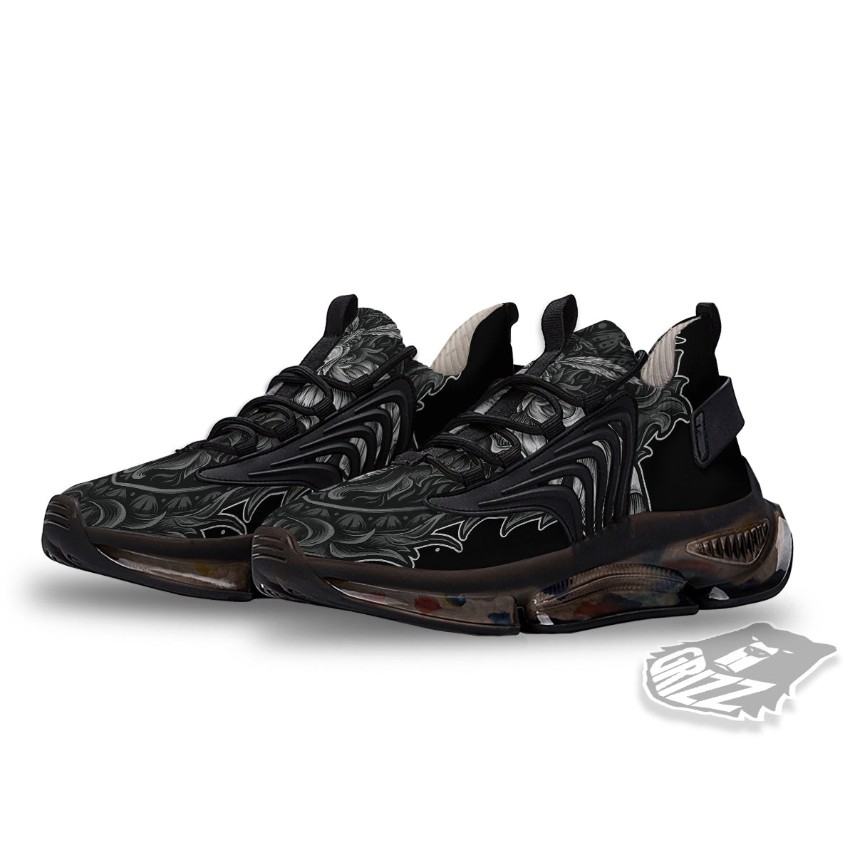 Grey Moth Skull Print Black Gym Shoes-grizzshop