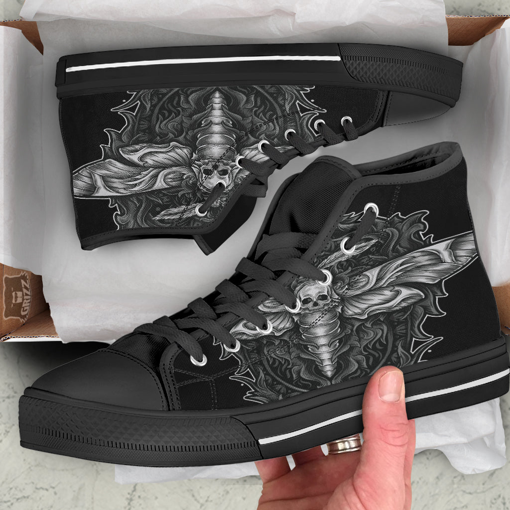 Grey Moth Skull Print Black High Top Shoes-grizzshop