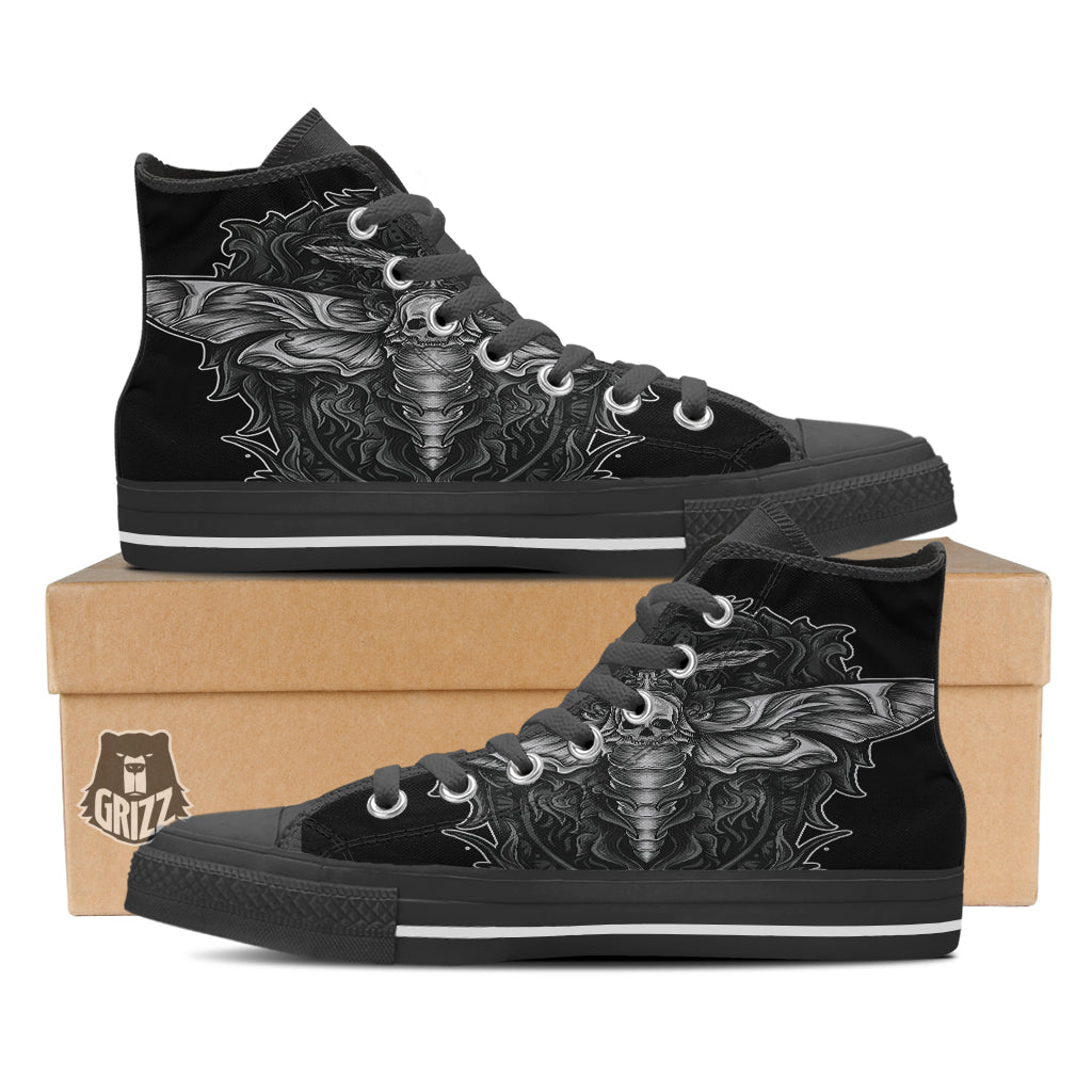 Grey Moth Skull Print Black High Top Shoes-grizzshop