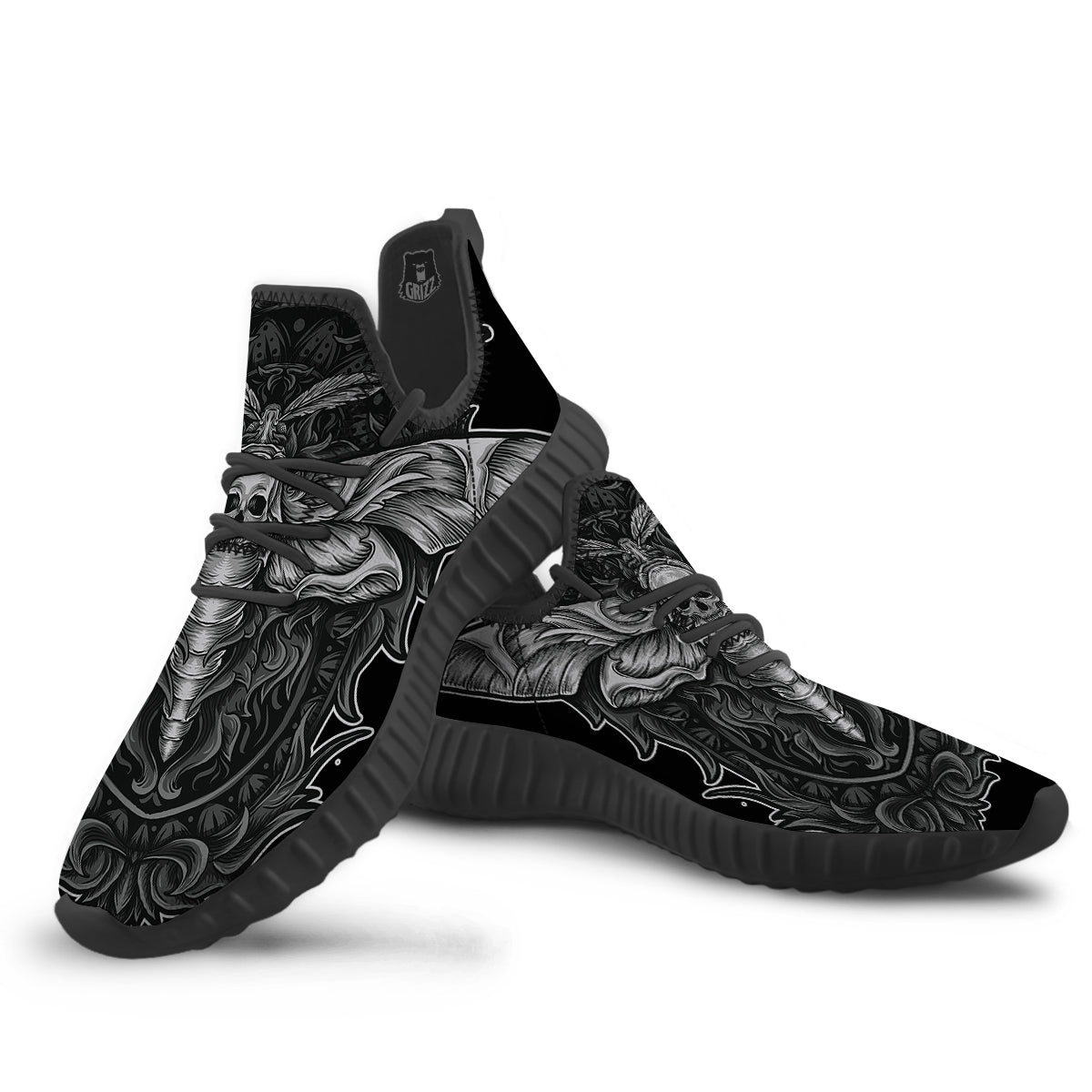 Grey Moth Skull Print Black Walking Shoes-grizzshop