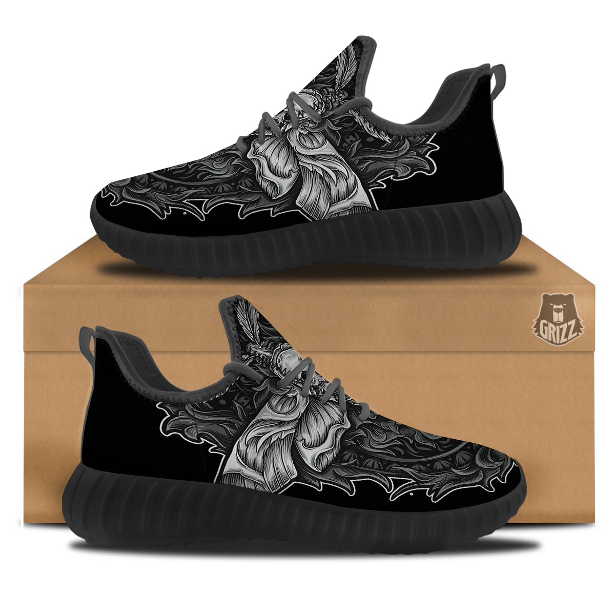 Grey Moth Skull Print Black Walking Shoes-grizzshop