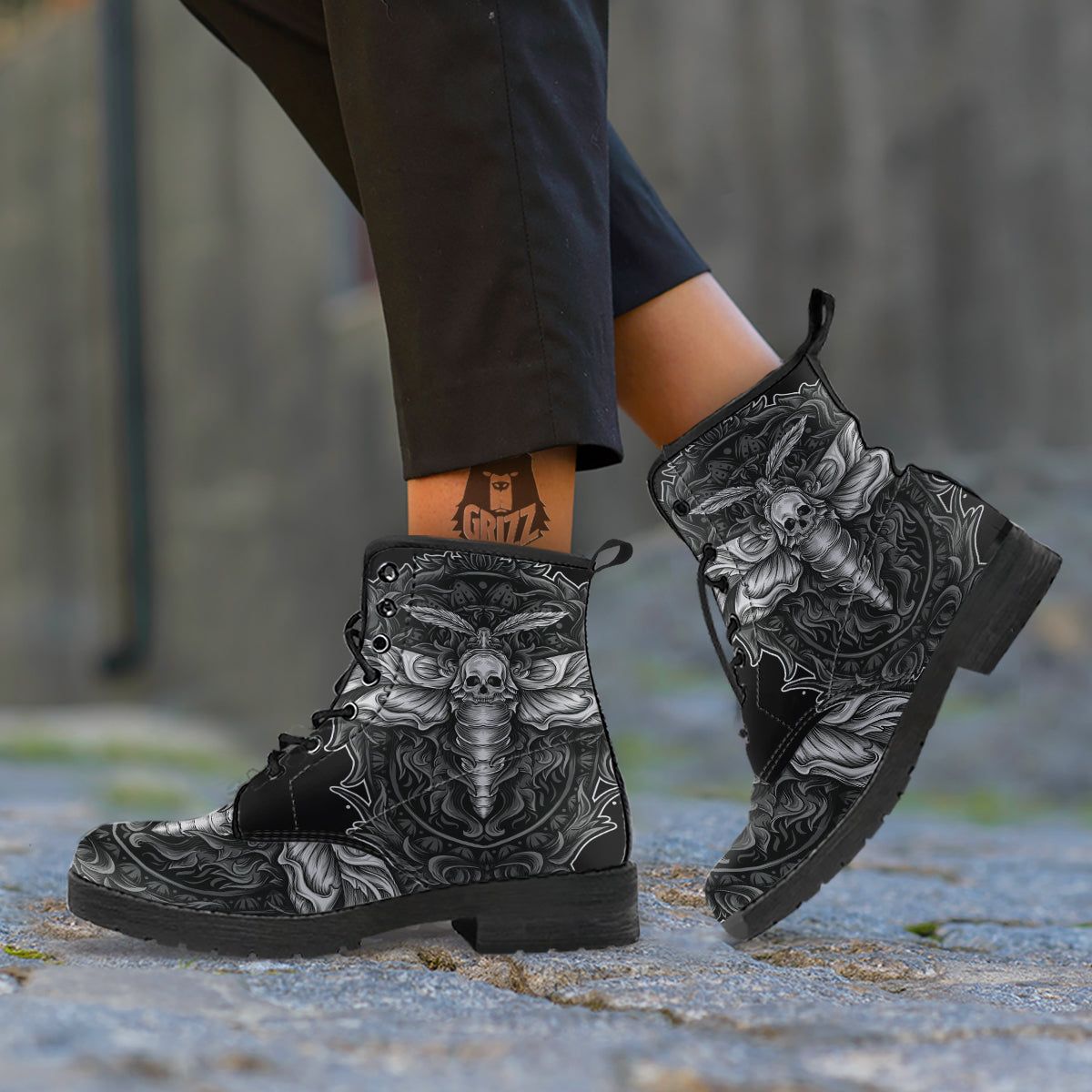 Grey Moth Skull Print Leather Boots-grizzshop