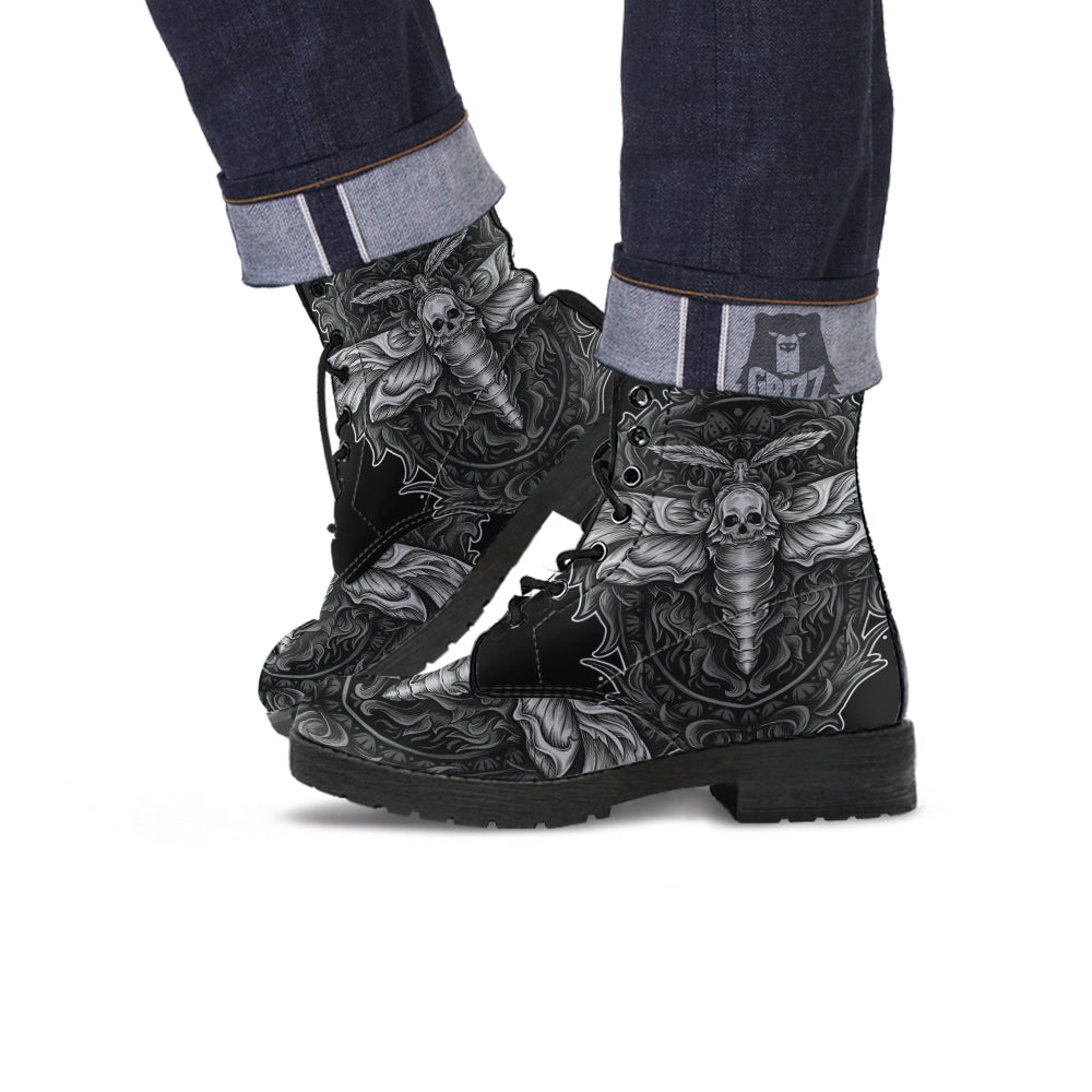 Grey Moth Skull Print Leather Boots-grizzshop