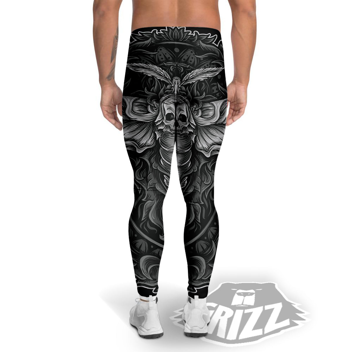 Grey Moth Skull Print Men's Leggings-grizzshop