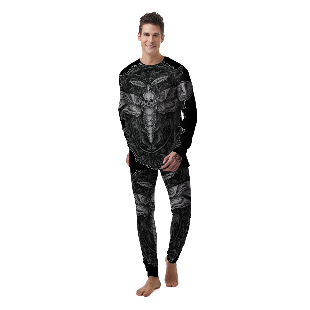 Grey Moth Skull Print Men's Pajamas-grizzshop