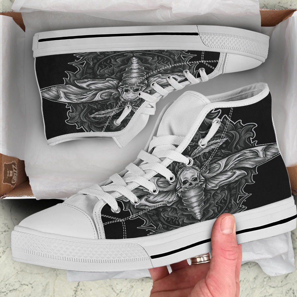 Grey Moth Skull Print White High Top Shoes-grizzshop