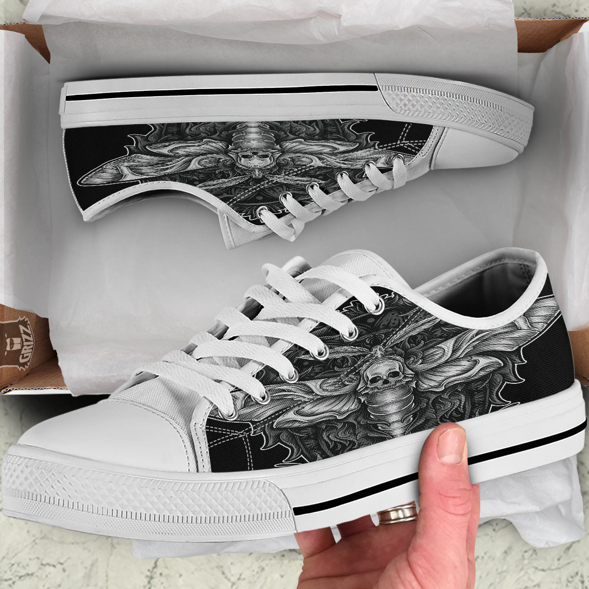 Grey Moth Skull Print White Low Top Shoes-grizzshop