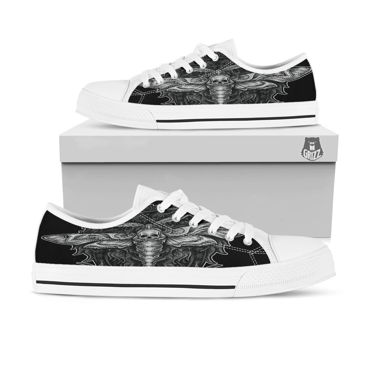 Grey Moth Skull Print White Low Top Shoes-grizzshop