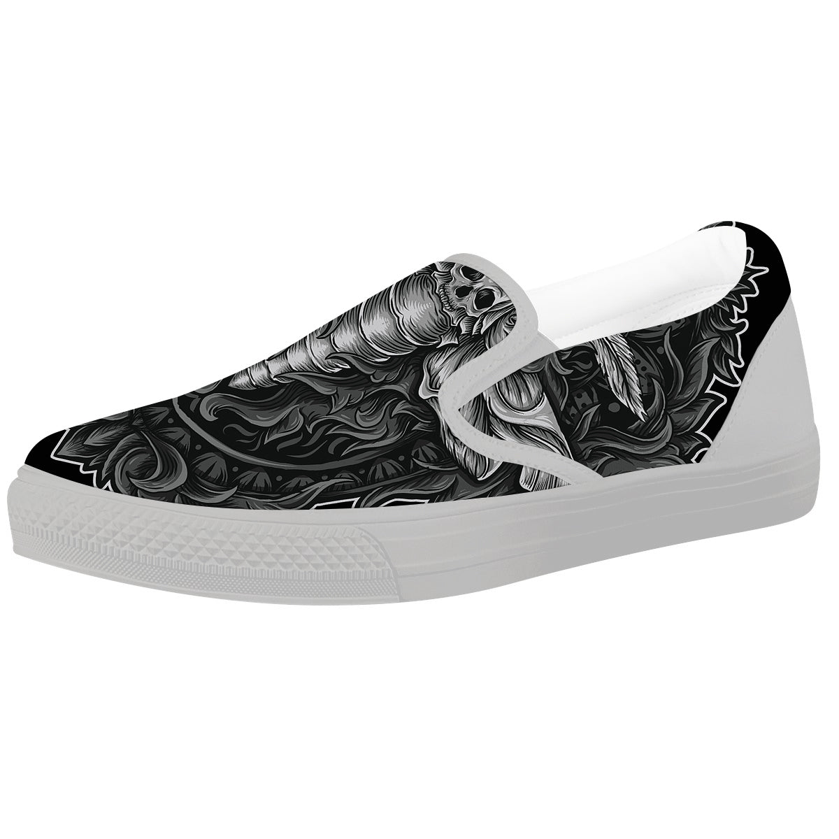 Grey Moth Skull Print White Slip On Shoes-grizzshop