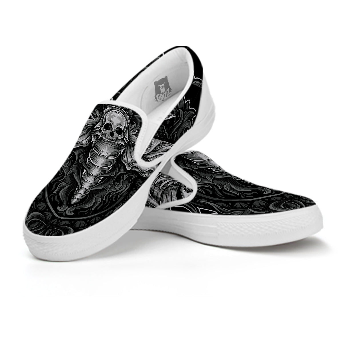 Grey Moth Skull Print White Slip On Shoes-grizzshop