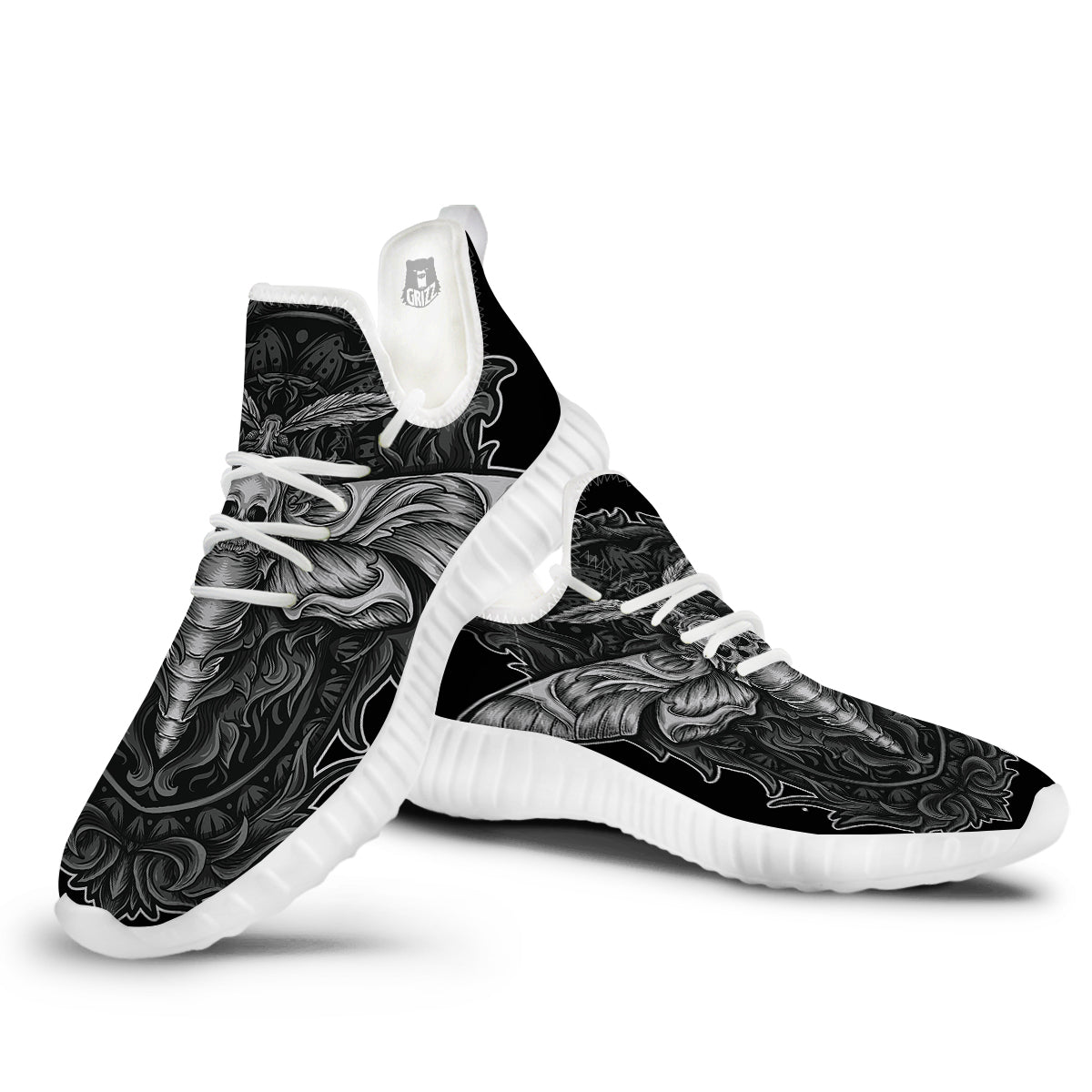 Grey Moth Skull Print White Walking Shoes-grizzshop