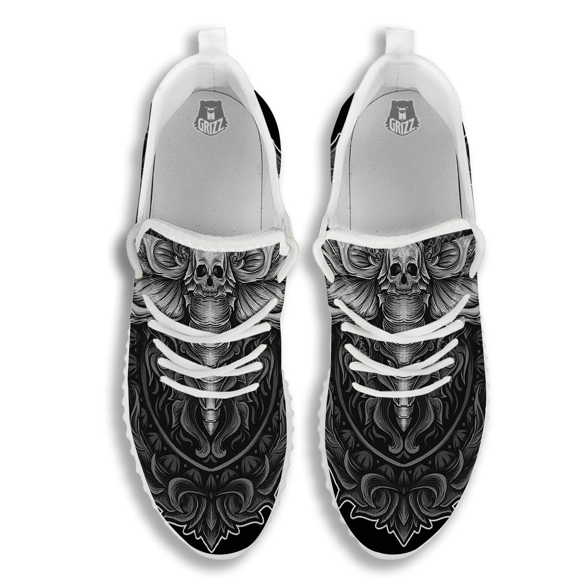 Grey Moth Skull Print White Walking Shoes-grizzshop