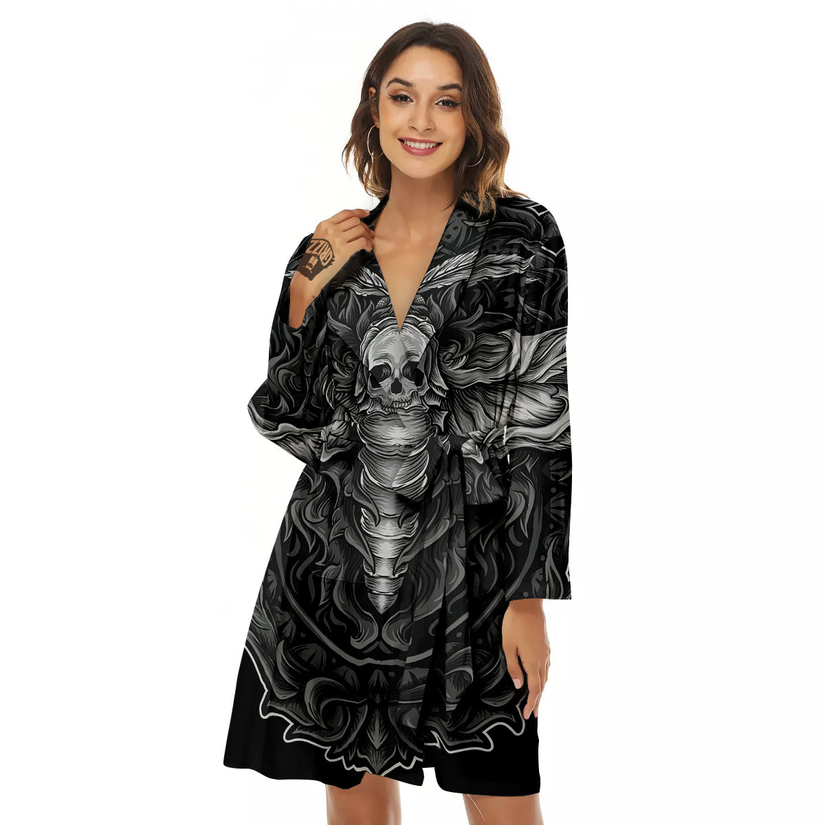 Grey Moth Skull Print Women's Robe-grizzshop