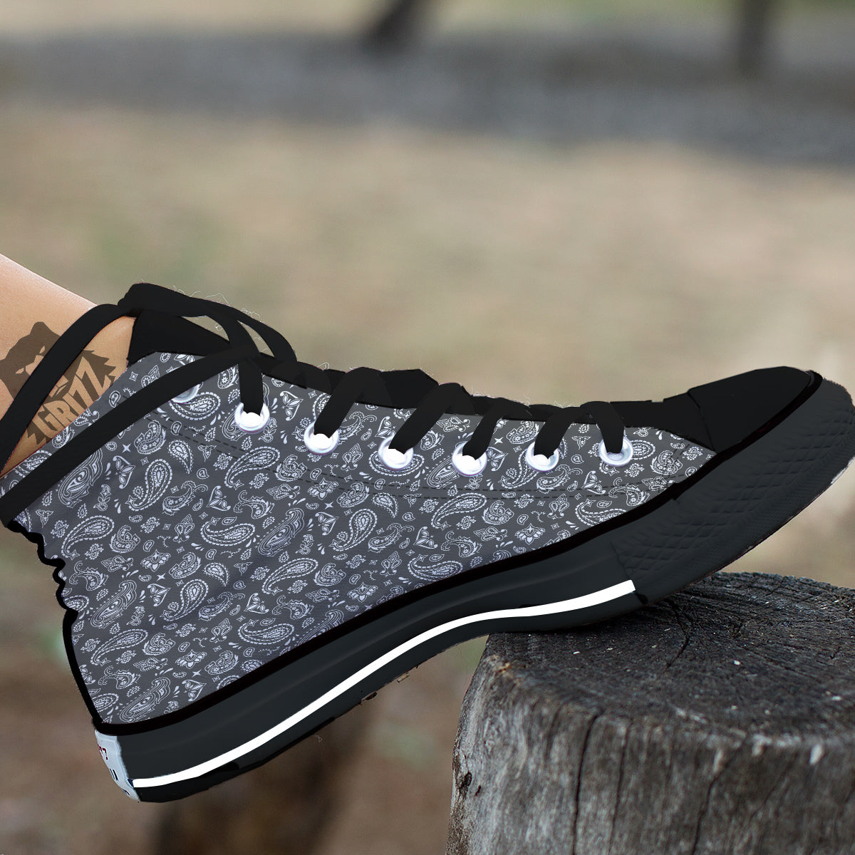 Grey Paisley Bandana Print Black High Top Shoes-grizzshop