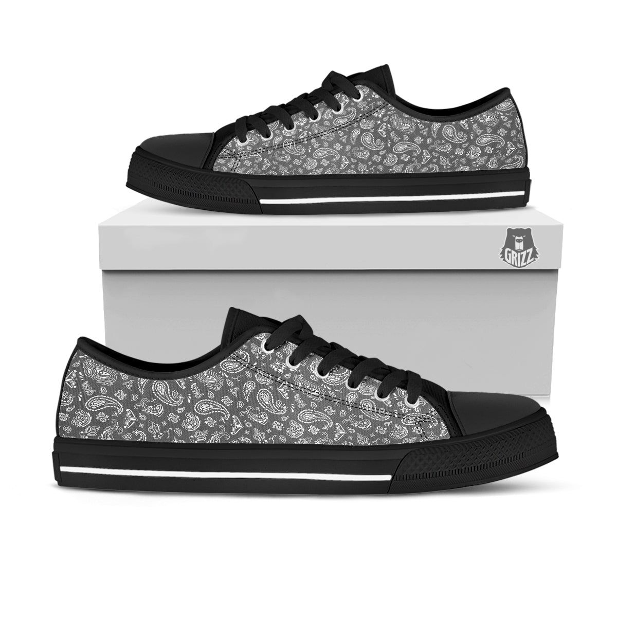 Grey Paisley Bandana Print Black Low Top Shoes-grizzshop