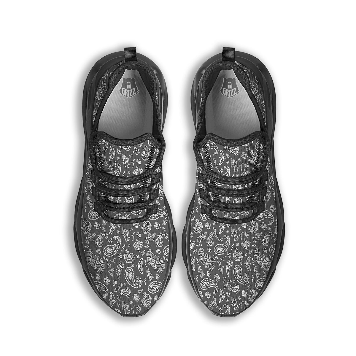 Grey Paisley Bandana Print Black Running Shoes-grizzshop