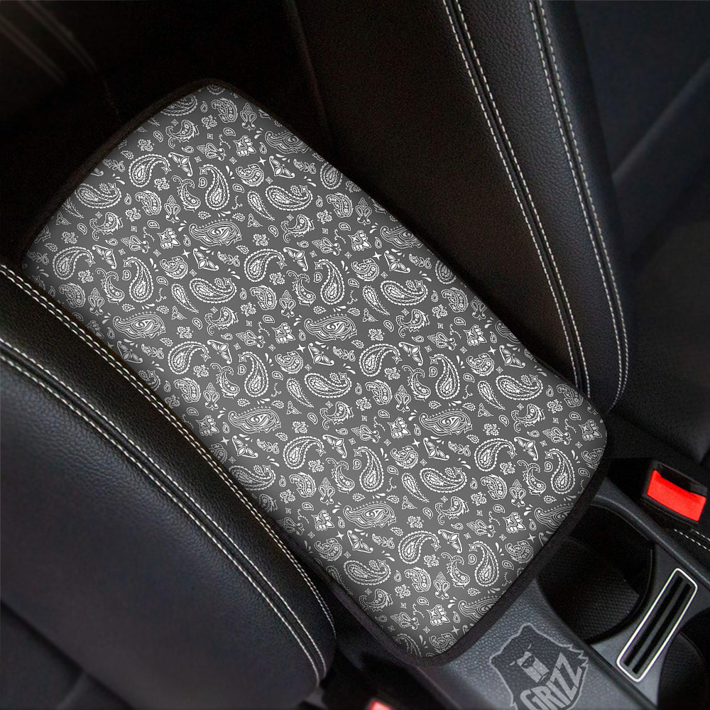 Grey Paisley Bandana Print Car Center Console Cover-grizzshop