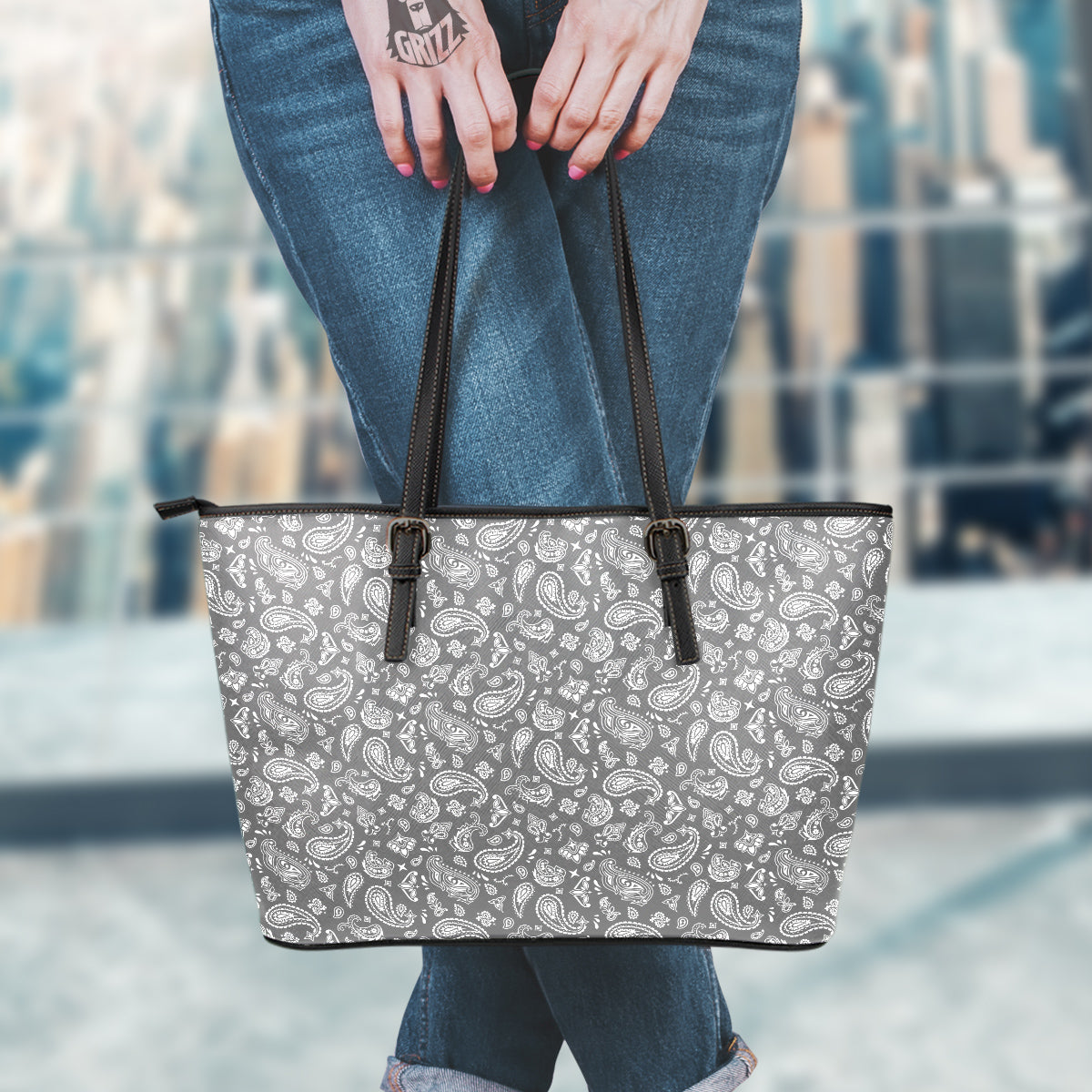 Grey Paisley Bandana Print Leather Tote Bag-grizzshop