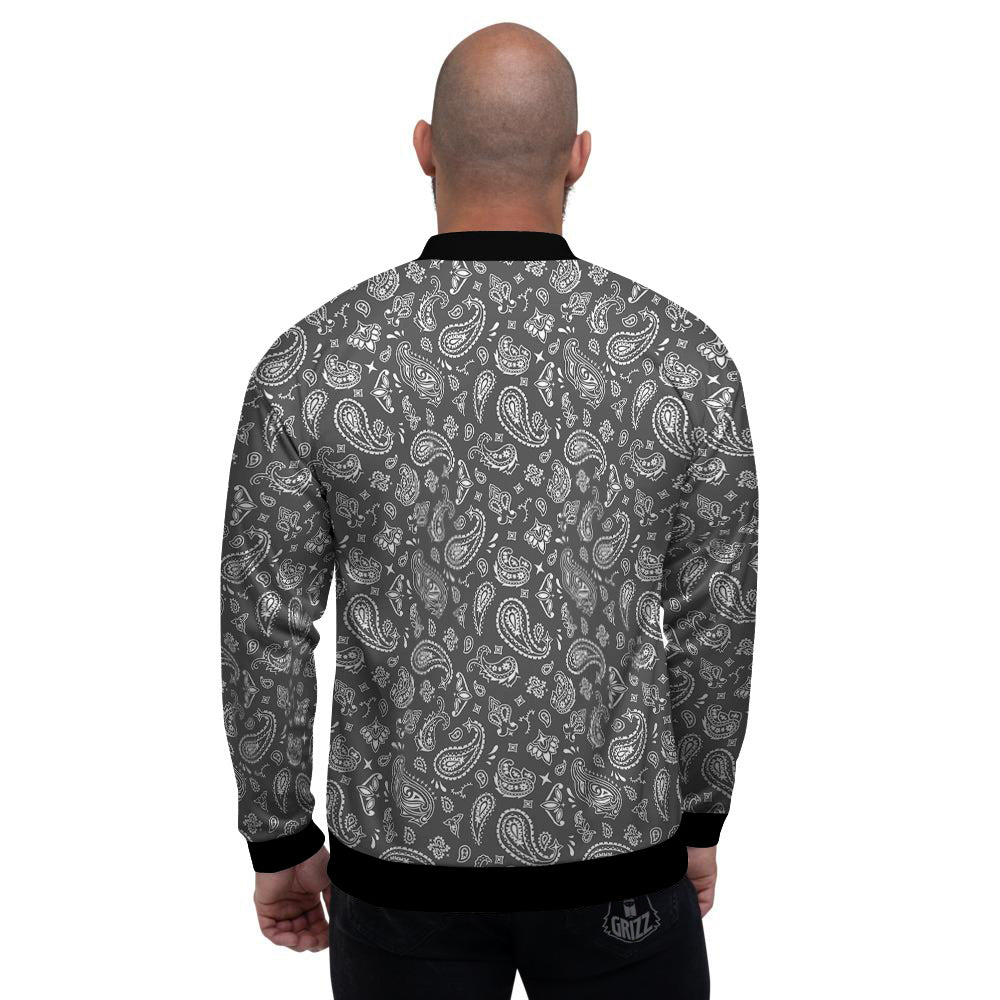 Grey Paisley Bandana Print Men's Bomber Jacket-grizzshop