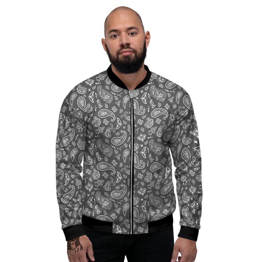 Grey Paisley Bandana Print Men's Bomber Jacket-grizzshop