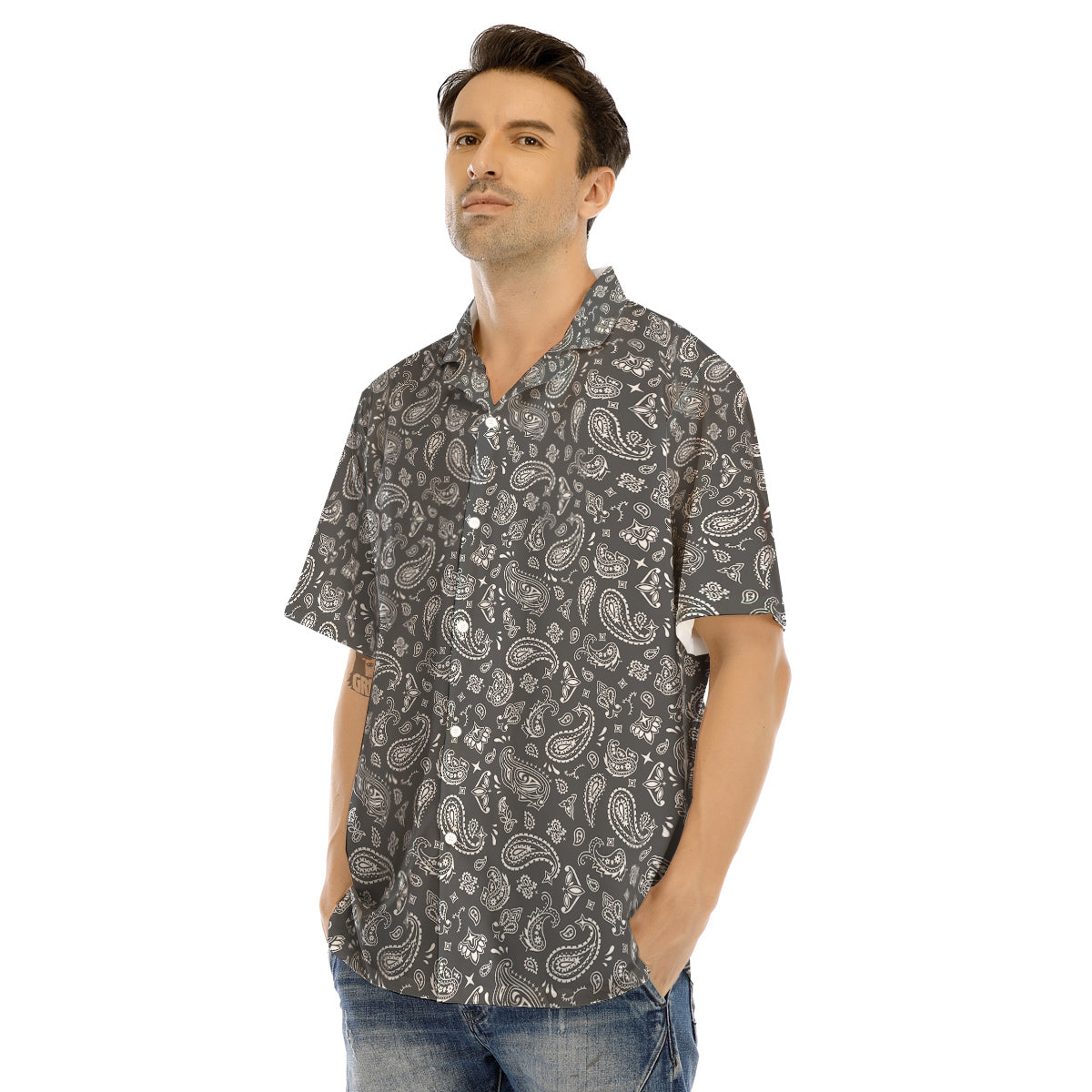 Grey Paisley Bandana Print Men’s Hawaiian Shirt-grizzshop