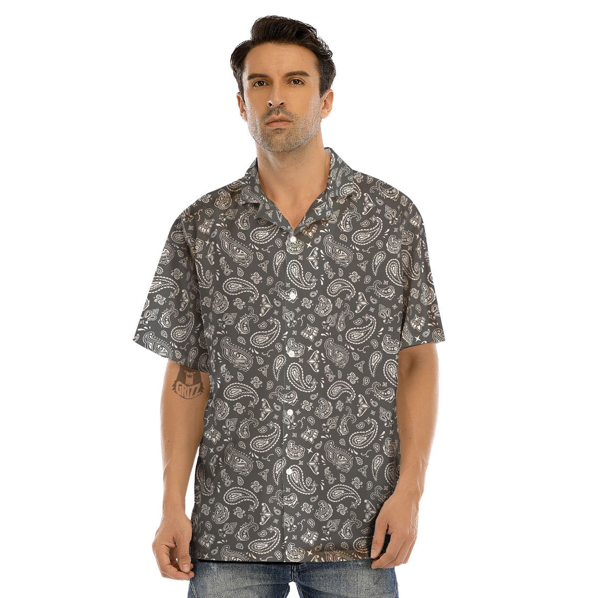 Grey Paisley Bandana Print Men’s Hawaiian Shirt-grizzshop