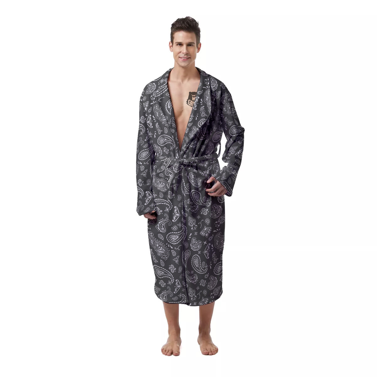 Grey Paisley Bandana Print Men's Robe-grizzshop