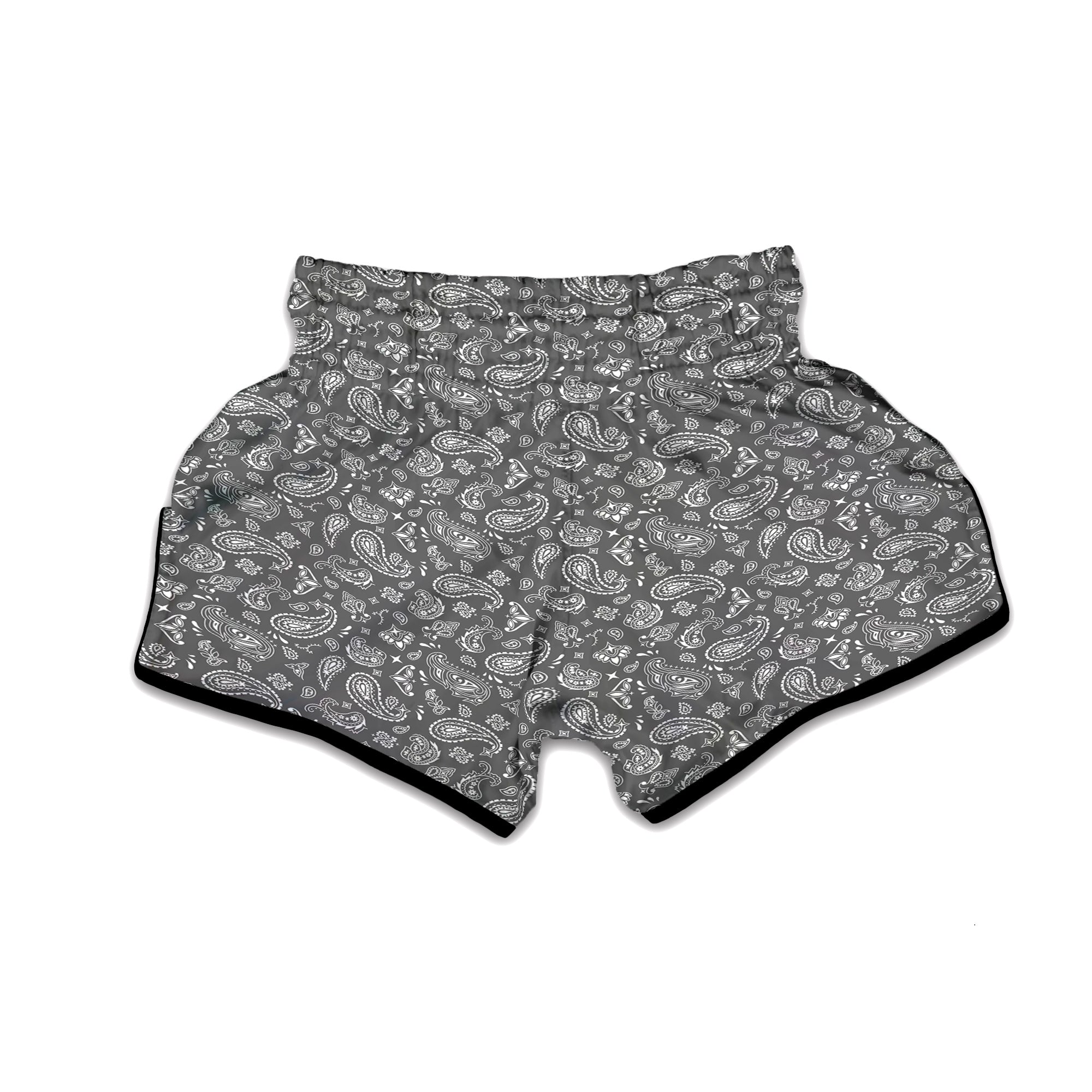 Grey Paisley Bandana Print Muay Thai Boxing Shorts-grizzshop