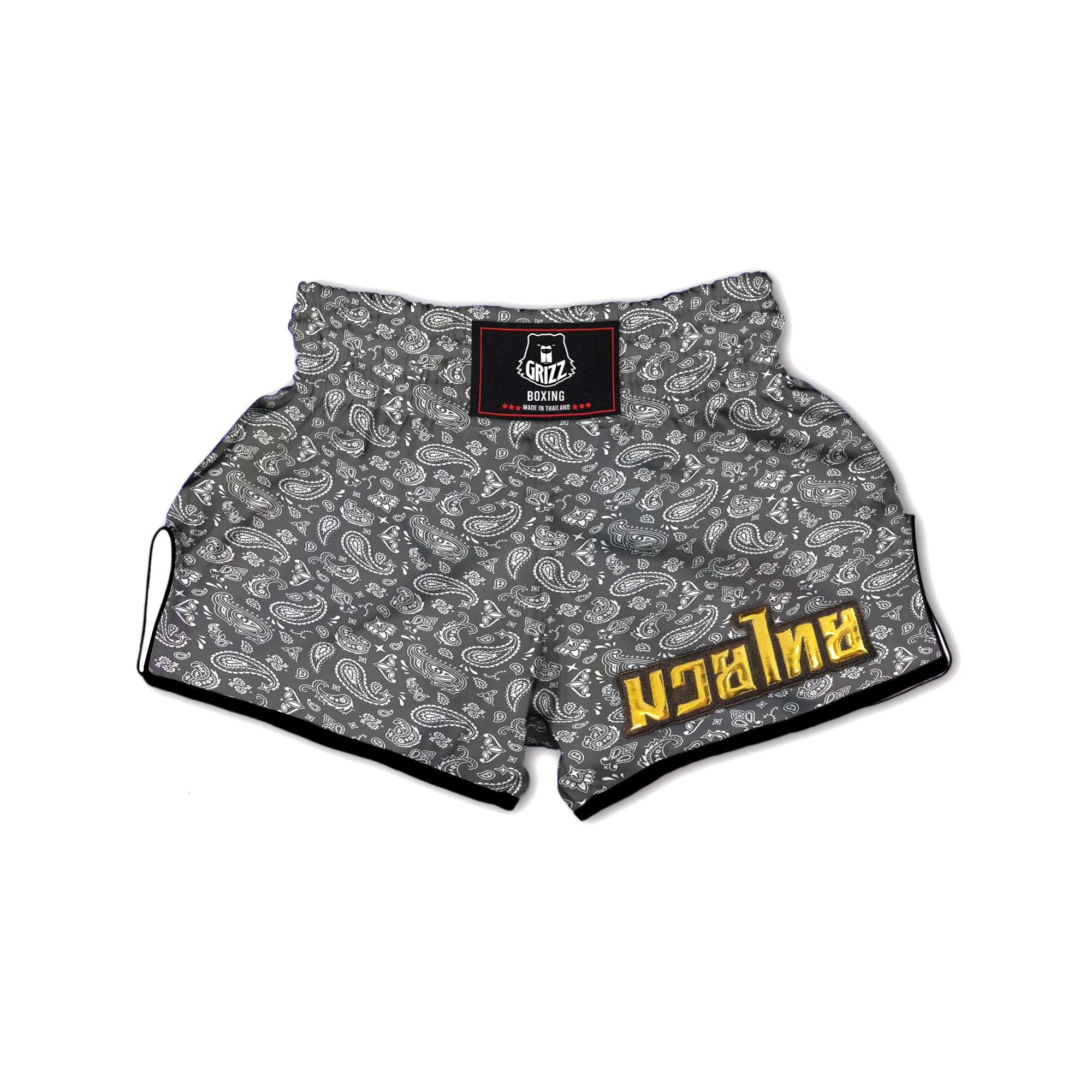 Grey Paisley Bandana Print Muay Thai Boxing Shorts-grizzshop