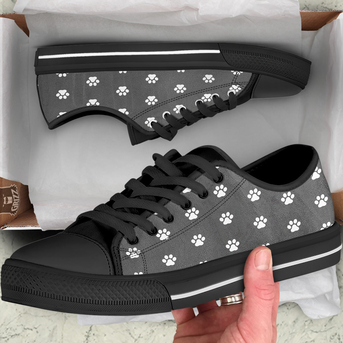 Grey Paw Print Black Low Top Shoes-grizzshop