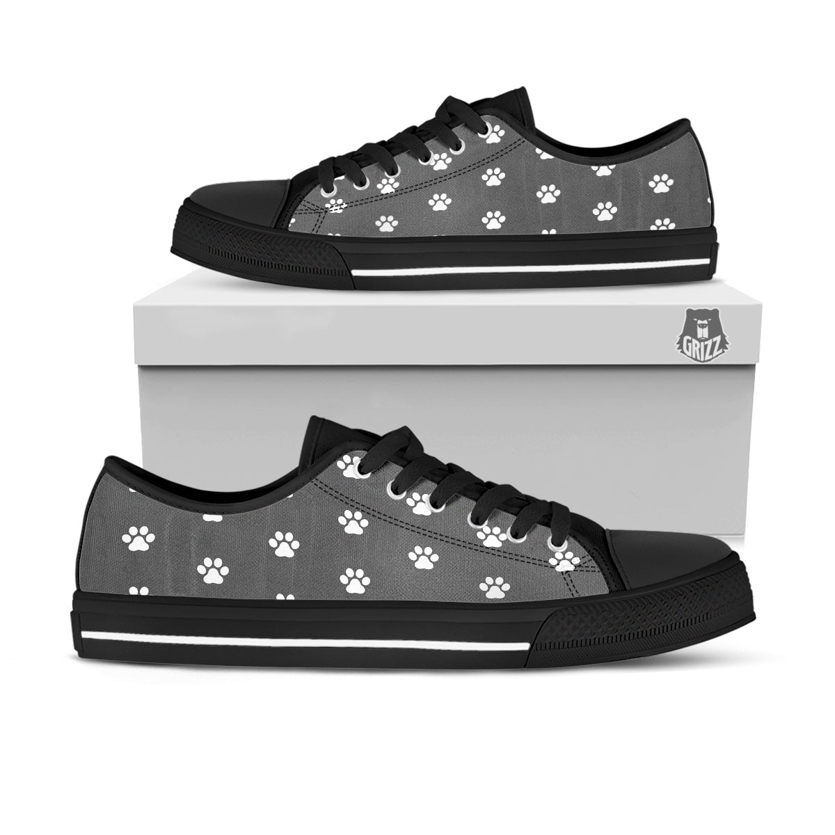 Grey Paw Print Black Low Top Shoes-grizzshop