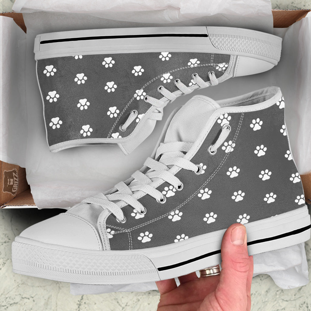 Grey Paw Print White High Top Shoes-grizzshop