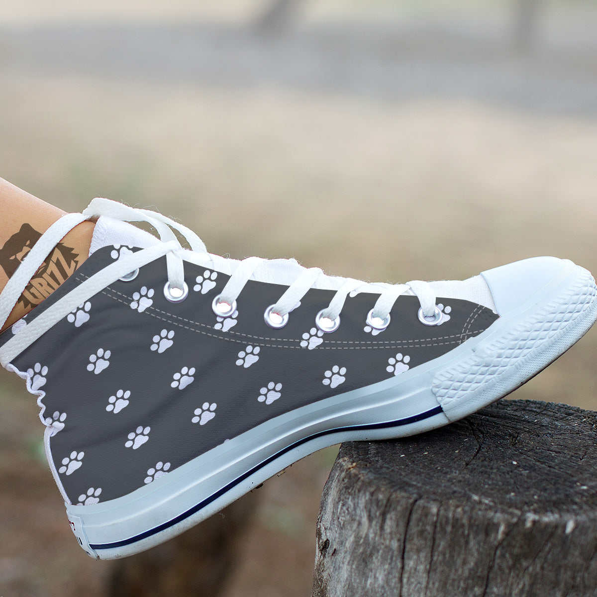 Grey Paw Print White High Top Shoes-grizzshop