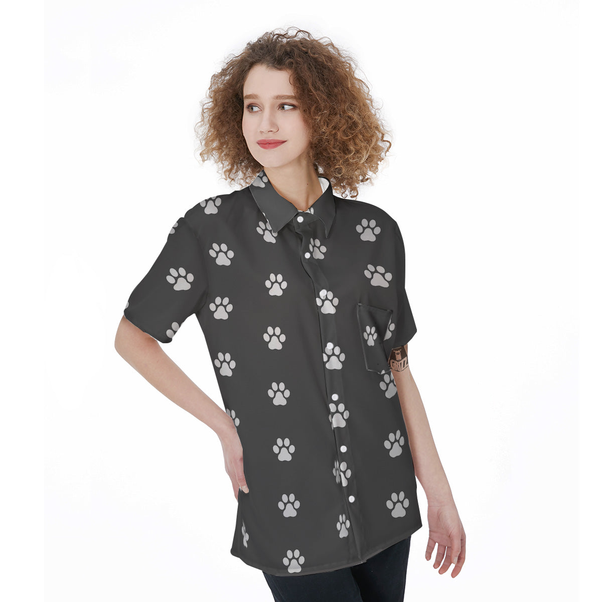 Grey Paw Print Women's Short Sleeve Shirts-grizzshop
