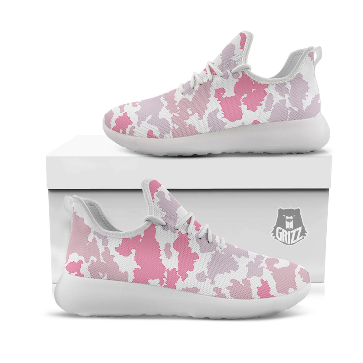 Grey Pink And White Camo Print White Athletic Shoes-grizzshop