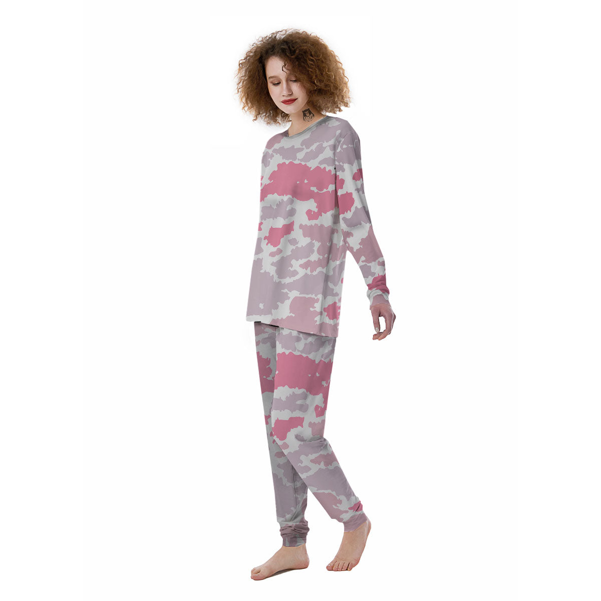 Grey Pink And White Camo Print Women's Pajamas-grizzshop