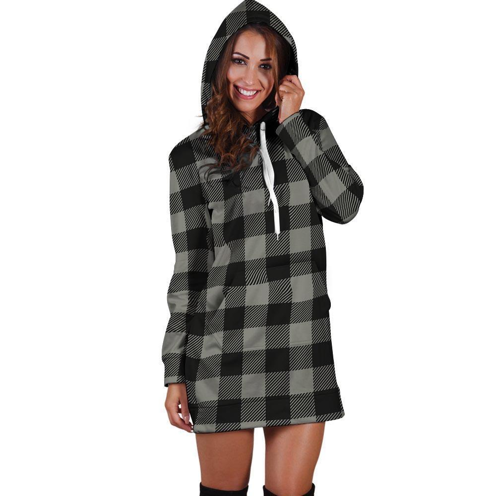 Grey Plaid Hoodie Dress-grizzshop