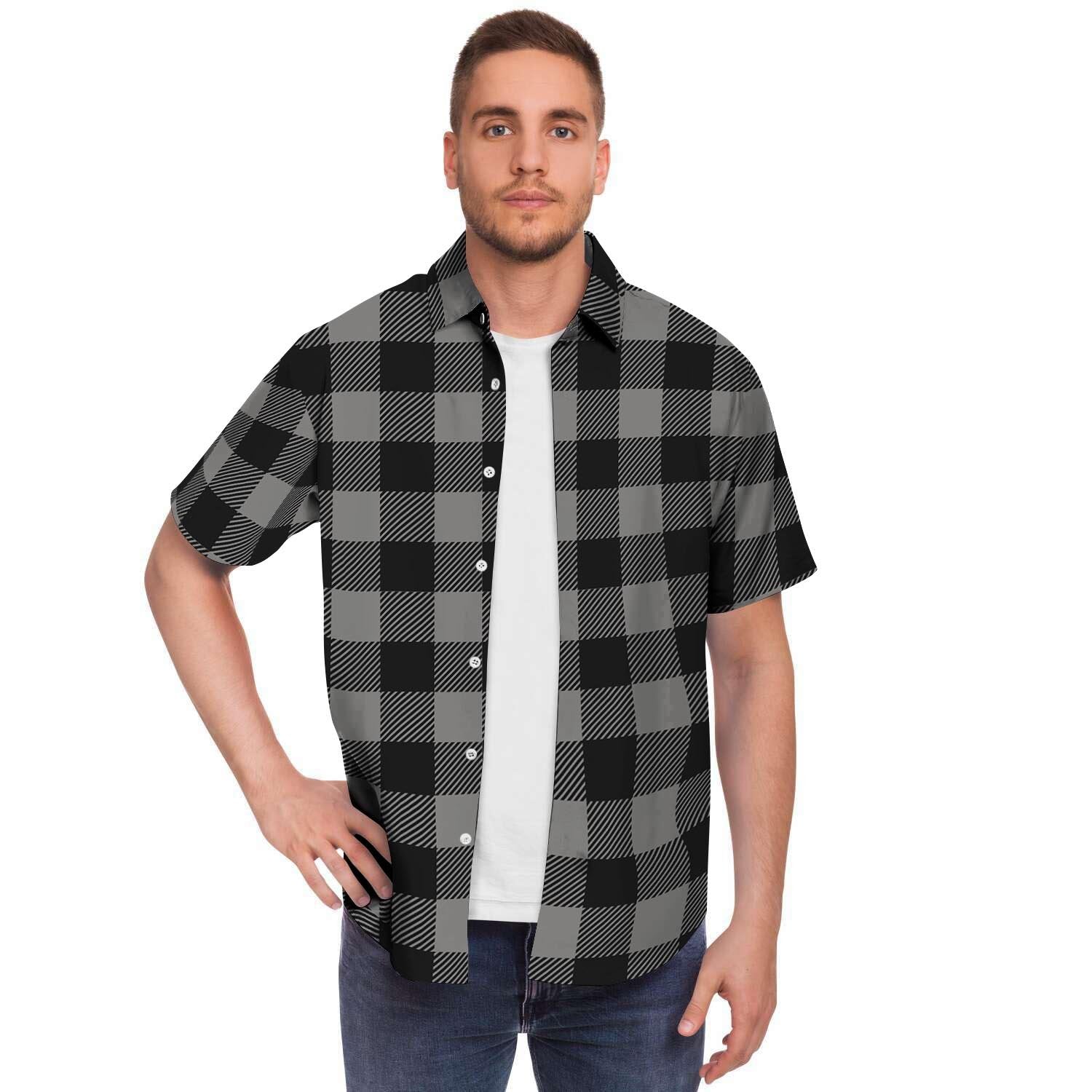 Grey Plaid Men's Short Sleeve Shirt-grizzshop