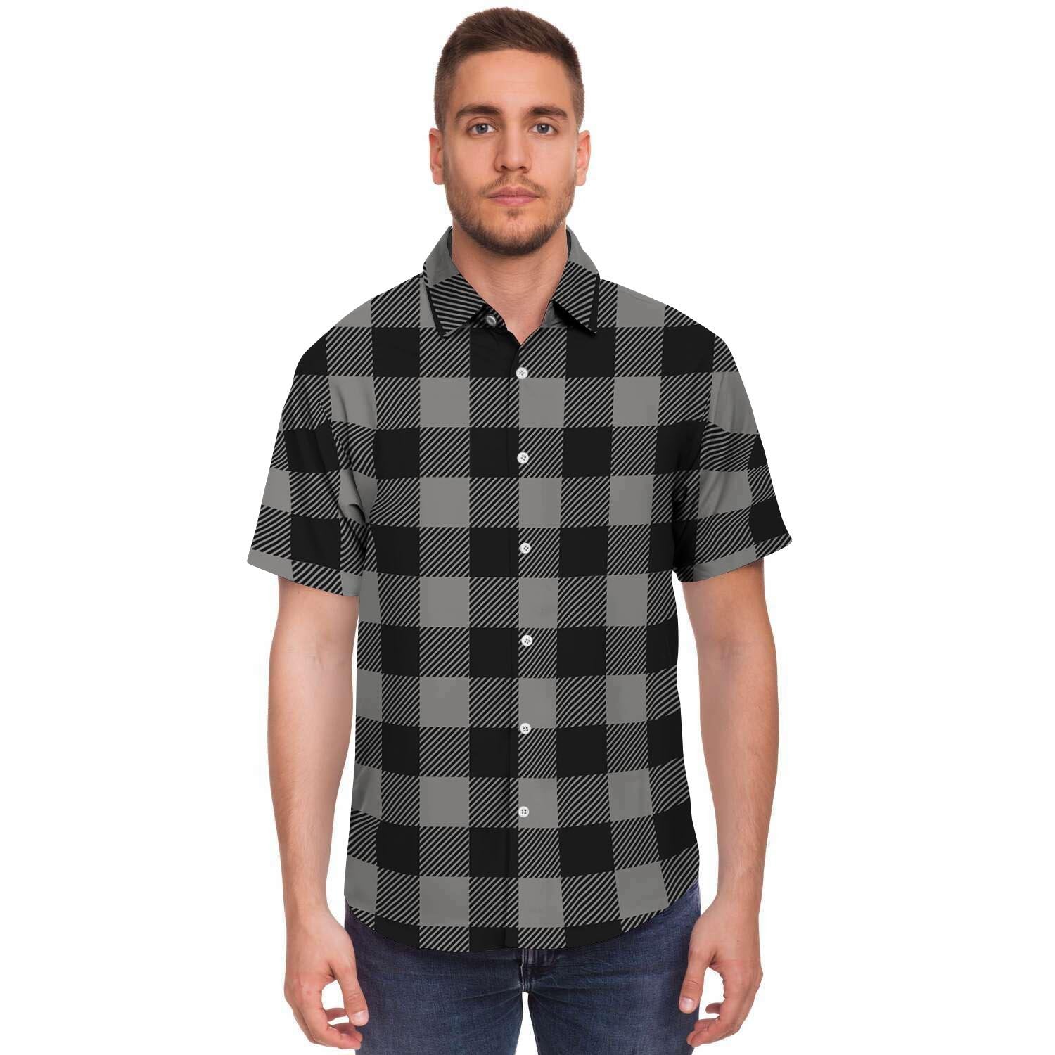 Grey Plaid Men's Short Sleeve Shirt-grizzshop